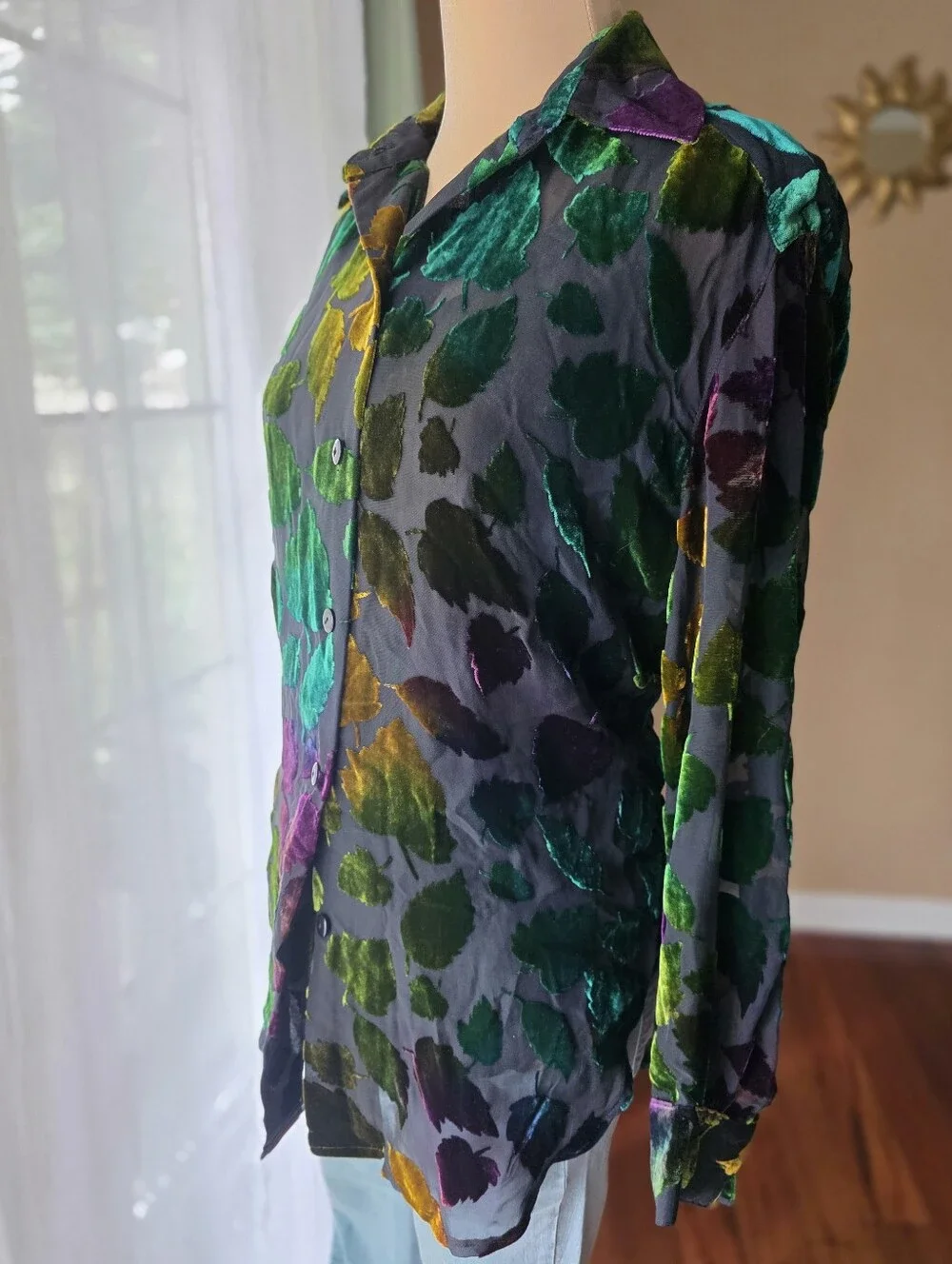 Vintage Burnout Velvet Blouse Tank Set Sheer Jewel Tone Leaves Whimsigoth Large